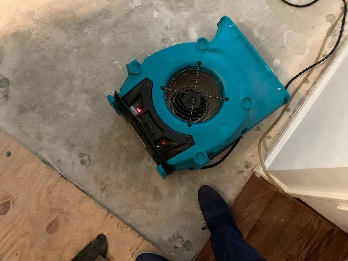 Air mover drying subfloor during Leak Detection & Repair in Rochelle Park